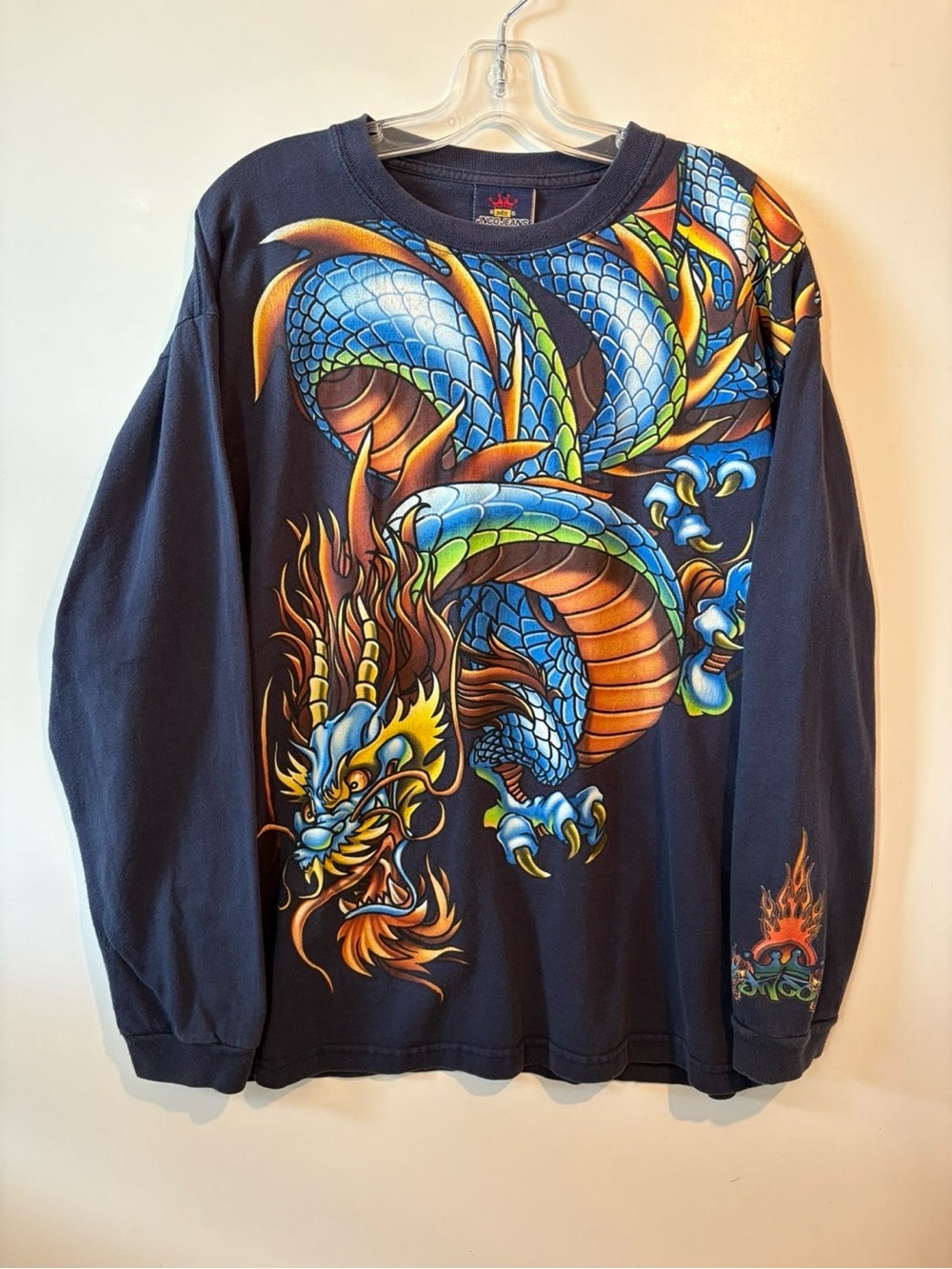 Vintage JNCO Jeans Made in USA Navy Dragon AOP Long Sleeve Shirt GRAIL